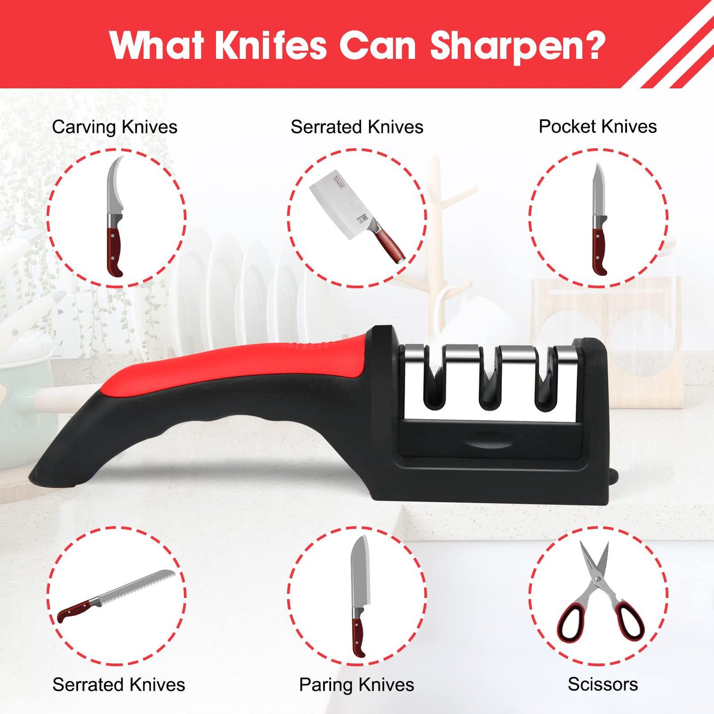 3-Stage Professional Knife Sharpener – Manual Kitchen Knife Sharpening Tool with Anti-Slip Base & Ergonomic Handle